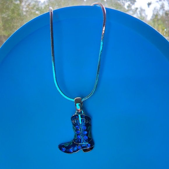 Cowboy Blue Green Boot Charm Pendant/Necklace/Rhinestone Crystal Hand Painted - Picture 3 of 10